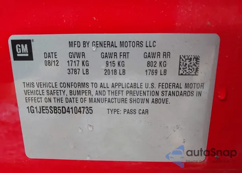 2013 Chevrolet Sonic Ltz Auto from USA, damaged, VIN 1G1JE5SB5D4104735